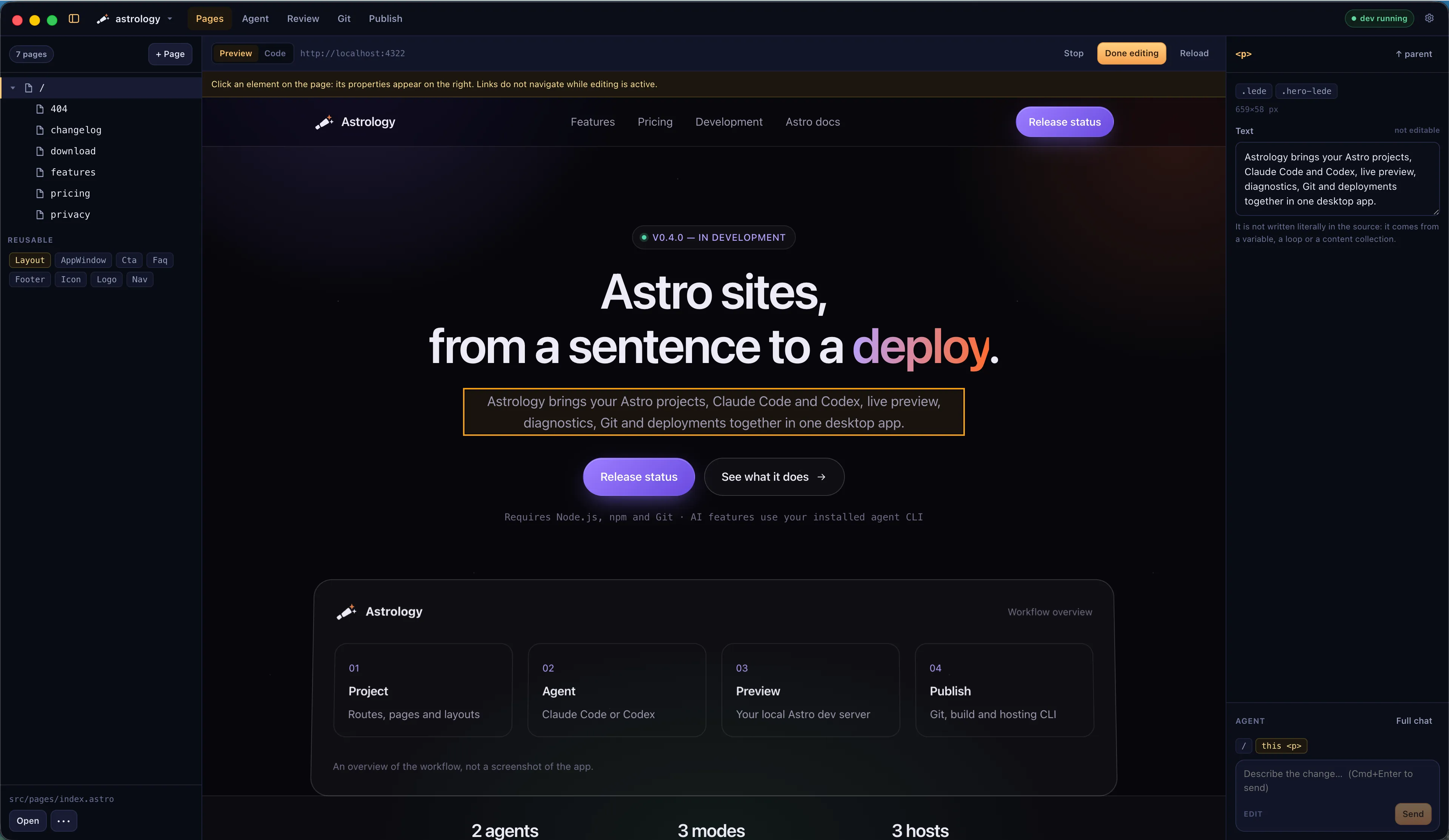 The Astrology window: the page tree on the left, the live preview of the site being edited in the middle, and the inspector with the agent composer on the right.
